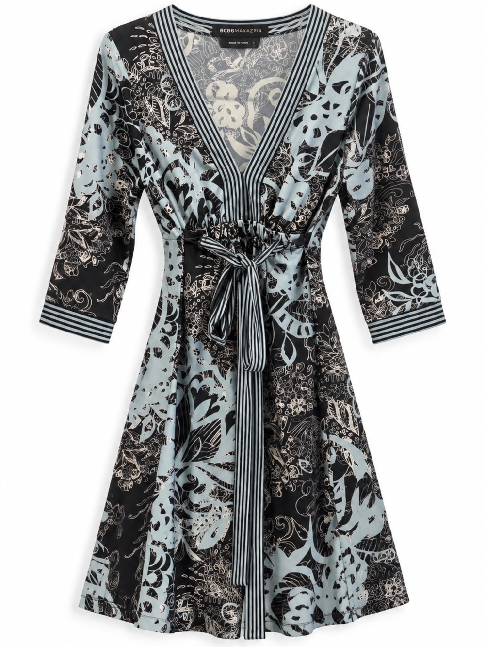 BCBGMaxAzria Black and Light Blue Printed Wrap Dress - Picture 2 of 5